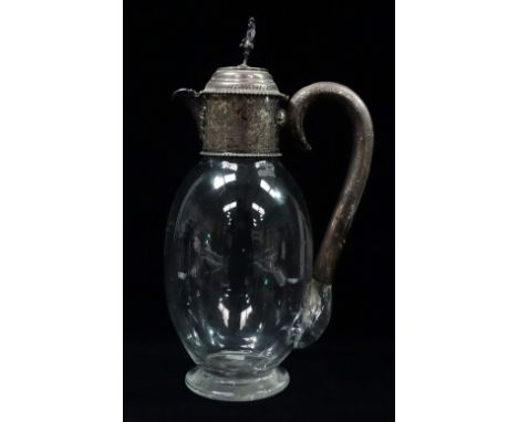An unusual Victorian silver mounted glass mulled wine jug, the collar engraved with nesting birds amongst flowering branches,