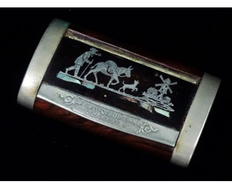 A late 19th century rosewood and nickel snuff box inlaid with a scene of a farmer on a road to a village, inscribed 'La San-C