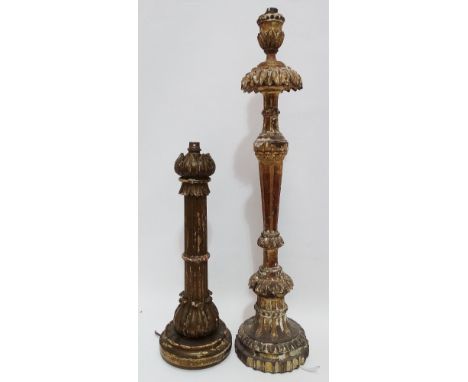 Two carved giltwood table lamp bases, the tallest 77cm.