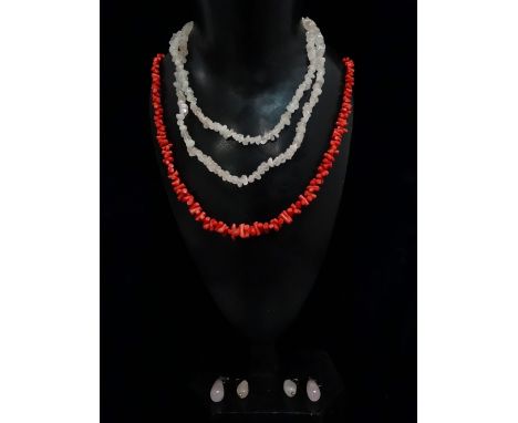 A stick coral necklace, together with a rose quartz necklace and two pairs of rose quartz earrings.