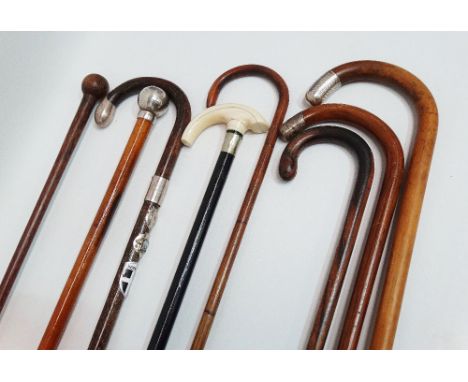 Eight various walking sticks, one with silver ball finial and one with ivory handle. 