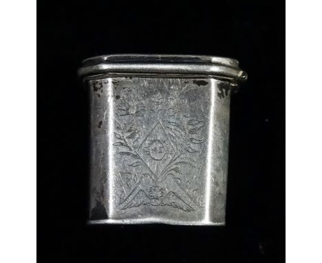 A mid 18th century British provincial silver patch box of octagonal form, the lid engraved with shipping and forts, the sides