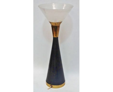 A mid 20th century turned hardwood and brass lamp base, height 48cm. 