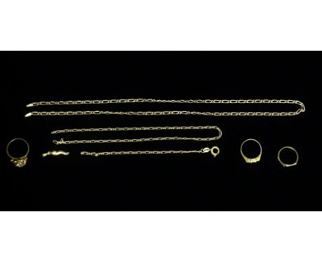 Three 9ct gold rings, one set three garnets, a high purity gold band ring mounted a rose, together with two 9ct gold chains, 