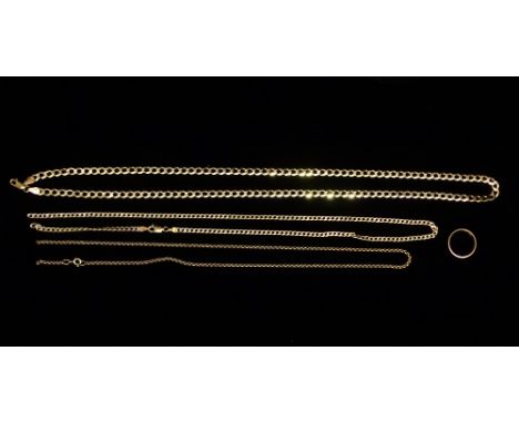 A small quantity of 9ct gold chains and a ring, weight 21.5g approximately.