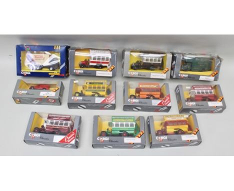 A COLLECTION OF CORGI CLASSIC DIE-CAST MODELS, eight Thornycroft and other similar buses, together with Ford Cargo box van, R