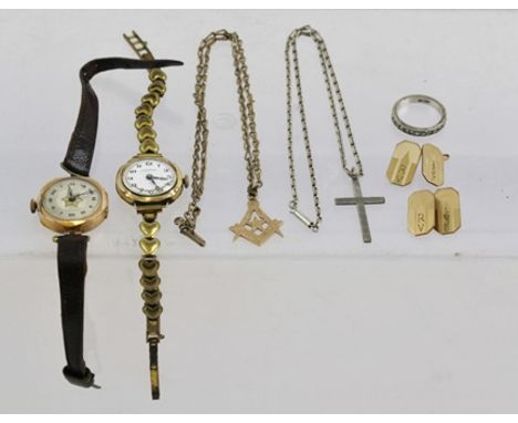 A 9CT GOLD FREEMASON'S SQUARE AND COMPASS FOB together with TWO 9CT GOLD CASED LADY'S WRIST WATCHES, a SILVER CROSS etc 