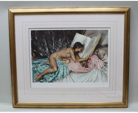 AFTER SIR WILLIAM RUSSELL FLINT, R.A. "Model Reading", a limited edition colour print, no.56/850, stamped, 35 x 51cm, in gilt