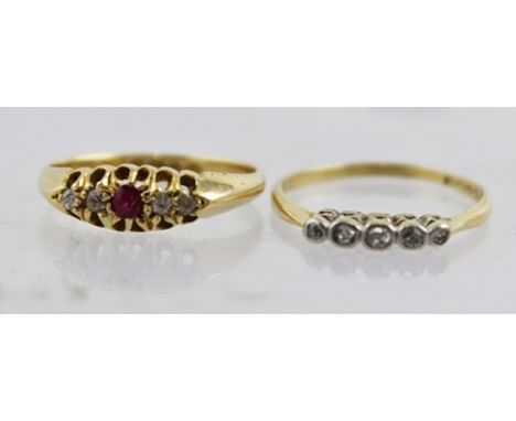 AN 18CT GOLD LADY'S RING set single ruby flanked by diamonds, together with an 18ct gold five stone DIAMOND RING 