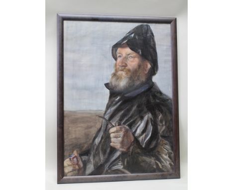 J** KNOX Half length portrait of a bearded sailor holding pipe and matches in souwester, Watercolour, signed, 73cm x 52cm in 