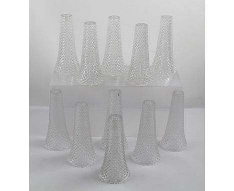 A SET OF ELEVEN HOBNAIL GLASS LAMP SHADES of trumpet form, 15cm 