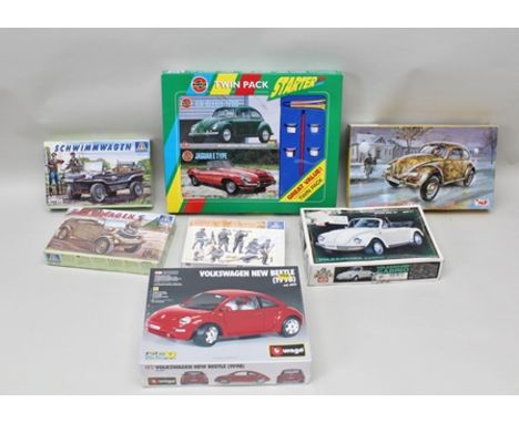 A BURAGO MODEL KIT VOLKSWAGEN NEW BEETLE 1998 in sealed ovb, an Airfix twin pack starter set VW Beetle 1200 and Jaguar E type