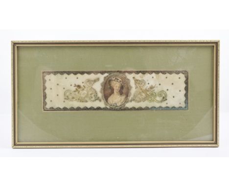 A DECORATIVE FABRIC PANEL to the centre a coloured stipple engraving oval portrait of a lady of fashion, flanked by embroider