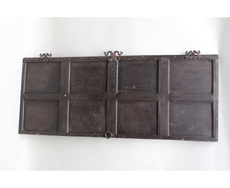 A 17TH CENTURY OAK EIGHT PANEL DOOR with later decorative iron hinges and a ring handle, 162cm high x 65cm wide 