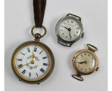 A VICTORIAN LADY'S FOB WATCH having decorative enamel dial, on velvet ribbon together with a gold cased LADY'S WRIST WATCH an