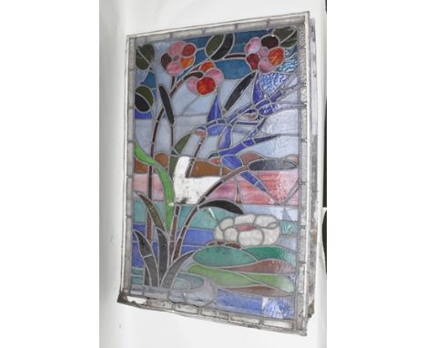AN EARLY TO MID 20TH CENTURY LEADED, STAINED GLASS WINDOW PANEL, in the Art Nouveau style, depicts blue birds flying over a p