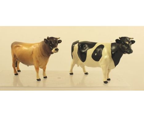 A BESWICK EARTHENWARE MODEL OF A JERSEY BULL "CH' DUNSLEY COY BOY", in two-tone brown finished gloss, 11.5cm x 17cm, and a FR