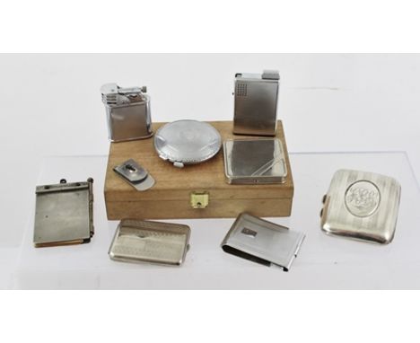 A SELECTION OF ITEMS, comprising a chromed Parker compact lighter, a silver cigarette case, a Ronson and a Polo lighter, thre