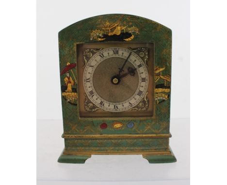 A 'DAVALL' SALON CLOCK gilded chinoiserie decoration, green ground case raised on bracket feet, overall height 12.5cm 