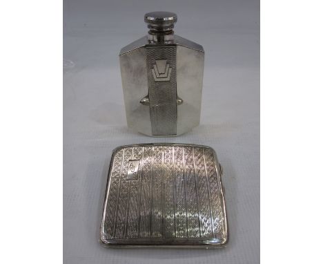 Silver cigarette case with engine-turned decoration and an Art Deco silver plated hip flask of stylised design with engine-tu