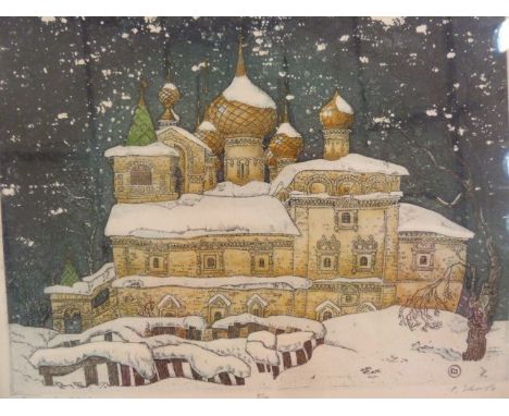 Svetlana Zovanova (Russian school) Limited edition print "Yellow Church in Winter", limited edition 5/10, signed and numbered