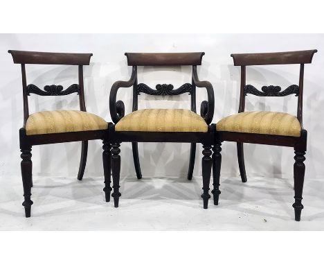 Set of eight (6+2) 19th century mahogany dining chairs with carved bar backs, the carvers with overscrolled arms, plush light