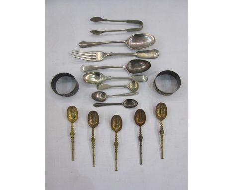 1920's silver teaspoon, Sheffield 1927, 1ozt, two silver sugar spoons, silver plated sugar nips, silver plated flatware, napk