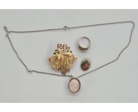 Miniature painted porcelain plaque (probably from a brooch), a Victorian 9ct gold ring set two rows of purple and white stone