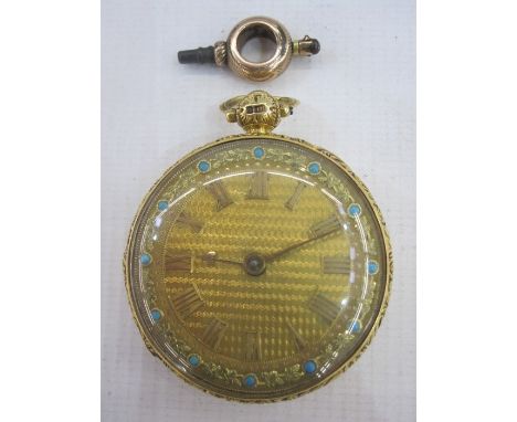 George IV 18ct gold open faced pocket watch, the engine turned dial with roman numerals within a floral border with turquoise