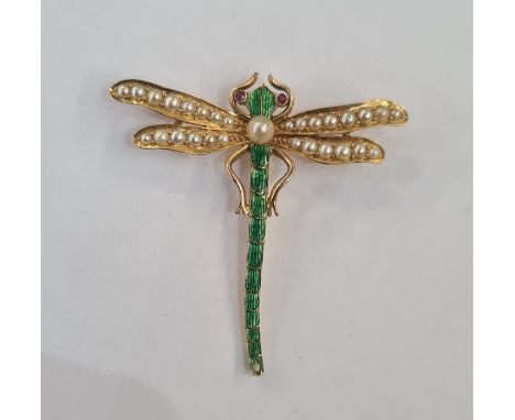 Gold brooch modelled as a dragonfly with enamel body, split pearl wings and ruby eyes, marked 14ct and 18ctCondition ReportPl