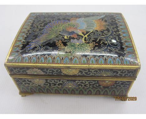 Cloisonne box, rectangular with slightly domed hinged lid, decorated with a phoenix within lappet border, crysanthemums autou