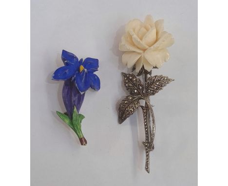 Marcasite and carved ivory rose brooch and a ceramic floral brooch (2) 