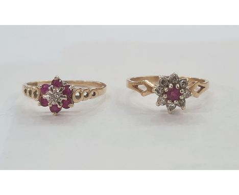 9ct gold, ruby and diamond ring set small diamond to the centre surrounded by six rubies and a 9ct gold, ruby and diamond clu
