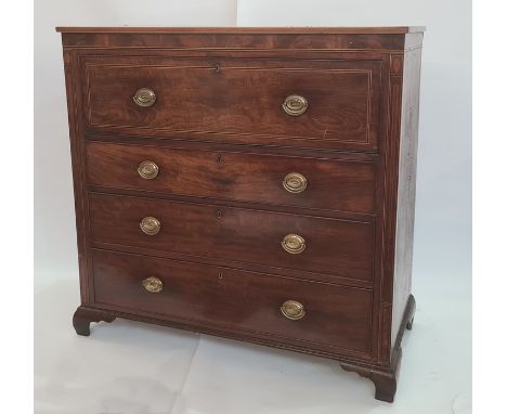 George III mahogany secretaire chest, the pull-out secretaire drawer with fitted interior, shell inlaid decoration to the cen