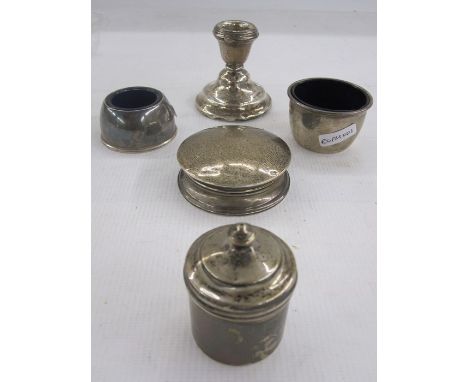 Continental white metal box of circular form with engine turned enamel top, unmarked, 6cm dia., to enamel, spill vase and thr