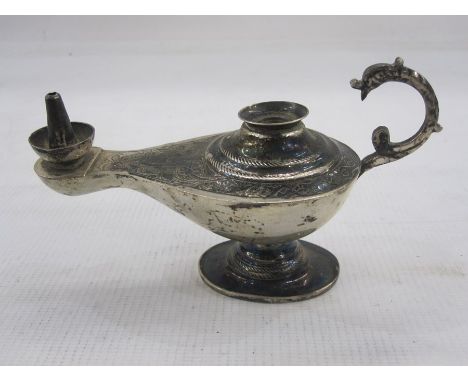 Late 20th century Egyptian silver miniature model of an oil lamp with engraved decoration pedestal foot and scroll handle, 8c