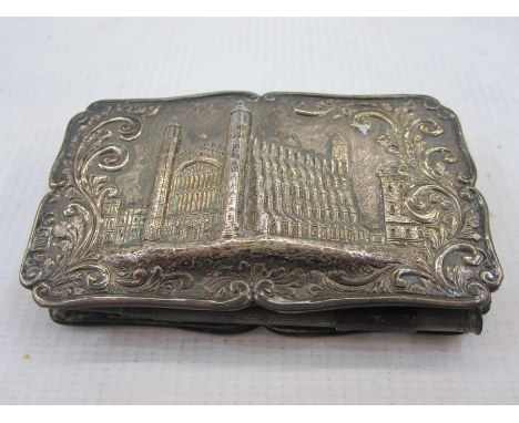 Victorian castle-topped silver-mounted aide memoire by Nathaniel Mills, Birmingham 1847, the cover decorated with a scene of 