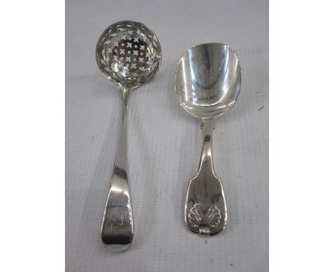 William IV silver caddy spoon with scallop decoration to handle, London 1830, maker's mark worn, 0.7ozt and a George IV silve