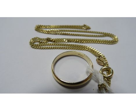9ct gold wedding ring and 9ct gold chain necklace with flattened links, gross weight approx 5.5g
