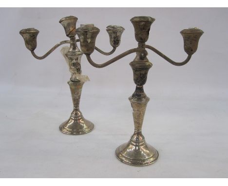 Pair of American sterling silver candelabra by&nbsp;Reed &amp; Barton, each with two scrolling branches on knop stem and circ