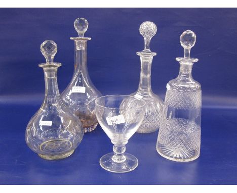 Cut glass decanter, mallet-shaped, two ball and shaft shaped cut decanters, another shouldered with cross-cut decoration and 