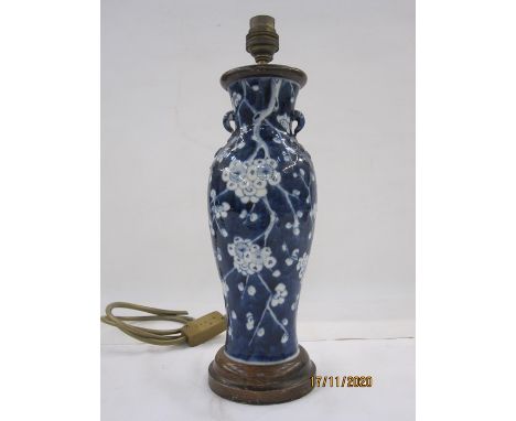 Chinese porcelain slender baluster vase, two-handled, 16cm high (as table lamp on turned wood base) 