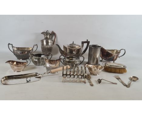 Quantity of plated ware to include teapot, flatware, pewter ware, silver-backed brush (dented) and other items (1 box)