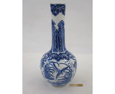 Chinese porcelain bottle vase with panels of birds and bullrushes in underglaze blue, four-character Kangxi mark to base, 26c