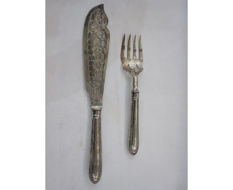 Pair of Victorian silver fish servers by Henry Wilkinson & Co, Sheffield 1873, with pierced and engraved scrolling blade and 