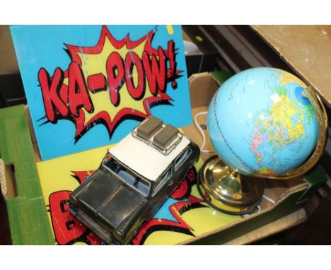 TWO GLASS POP ART PLAQUES TOGETHER WITH A TIN PLATE CAR MODEL AND AN ILLUMINATING GLOBE