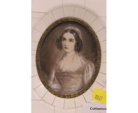  A FRAMED AND GLAZED HAND PAINTED MINIATURE PORTRAIT STUDY OF A LADY MARKED 'HELENE SADLMAYR' 'N.J. STIELER' VERSO 8CM X 6.5C