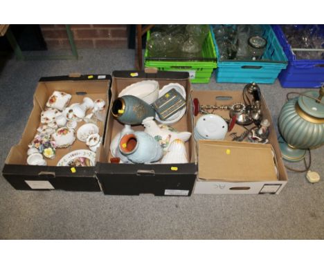 THREE TRAYS OF ASSORTED CERAMICS ETC. TO INCLUDE ROYAL ALBERT OLD COUNTRY ROSES, AYNSLEY, VINTAGE STYLE TELEPHONE ETC. 