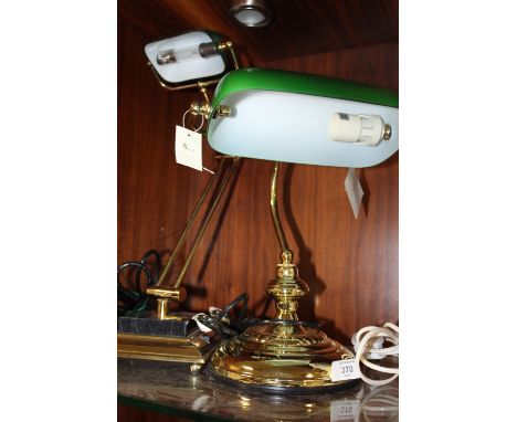 A MODERN BANKERS LAMP WITH GREEN GLASS SHADE, TOGETHER WITH A SIMILAR ANGLE POISE LAMP (2)