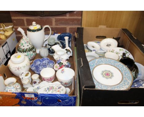 TWO TRAYS OF ASSORTED CERAMICS TO INCLUDE A ROYAL DOULTON BILTMORE COFFEE POT, FLORENTINE PLATE, AYNSLEY, SPODE ETC. 